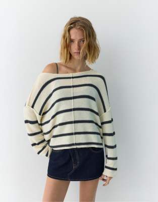 Pullover mit Streifen in Ecru und Marineblau und Ziernähten-Mehrfarbig Mehrfarbig XS-S