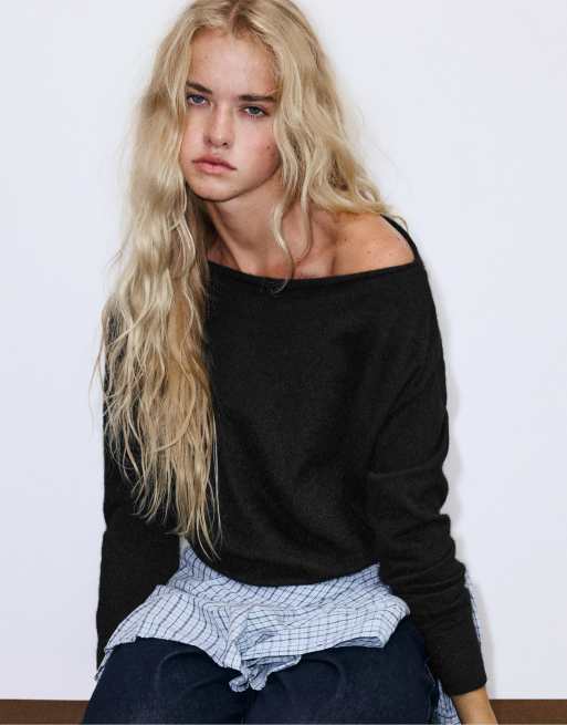 Pull&Bear Pullover mit U-Boot-Ausschnitt in Schwarz, 3 von 7