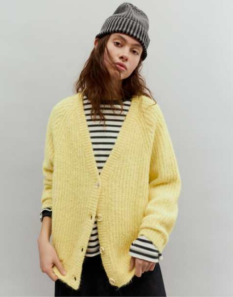 Pull&Bear Purl knit cardigan in yellow