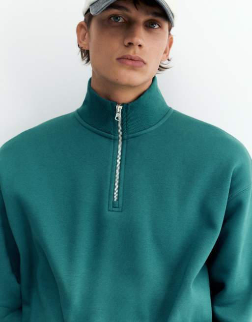 Pull&Bear Quarter-zip sweatshirt in bottle green, 3 of 7