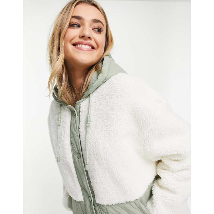Pull Bear quilted and teddy mix jacket with hood in khaki