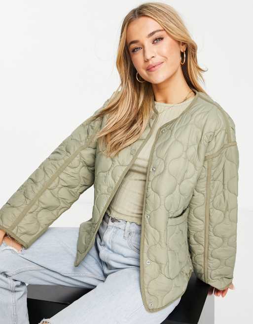 Pull&Bear quilted coat with pockets in khaki ASOS