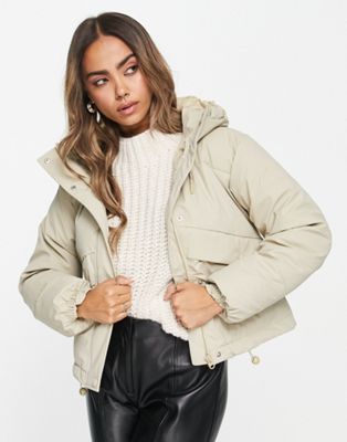 Pull&Bear quilted hooded jacket in stone