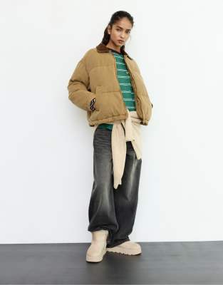 Pull & Bear Quilted Jacket With A Corduroy Collar In Brown