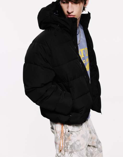 Pull&Bear Quilted jacket with hood in black, 5 of 7