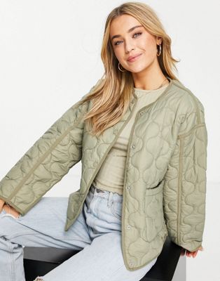 Pull&Bear quilted jacket with pockets in khaki