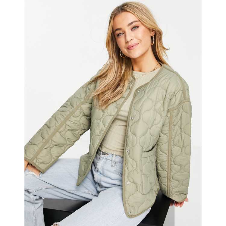 Pull Bear quilted jacket with pockets in khaki