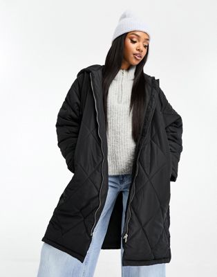Pull & Bear quilted longline hooded coat in black