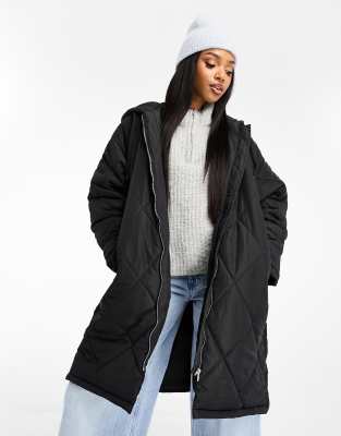 Pull&Bear quilted longline hooded coat in black