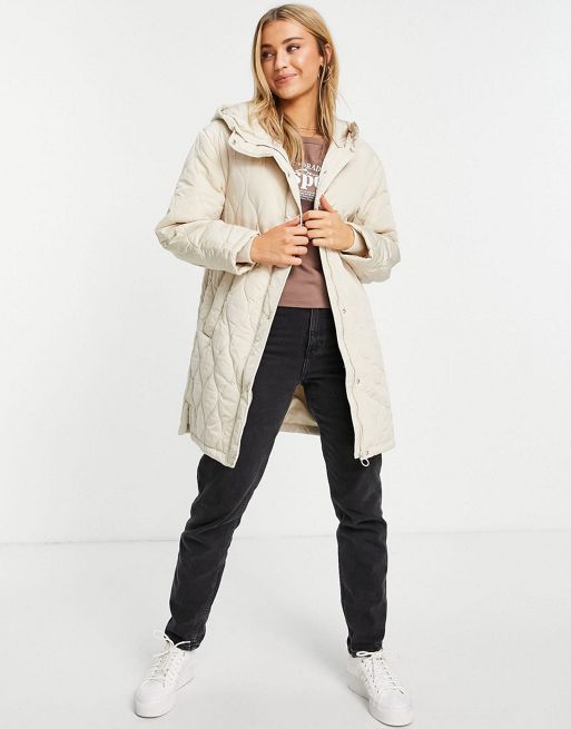 Pull&Bear quilted puffer coat with hood in ecru | ASOS