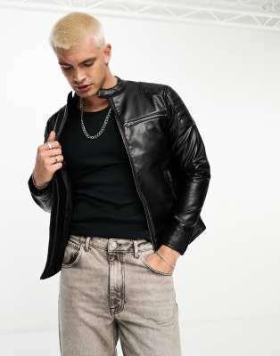 Pull&Bear – Racer-Jacke aus Lederimitat in Schwarz 