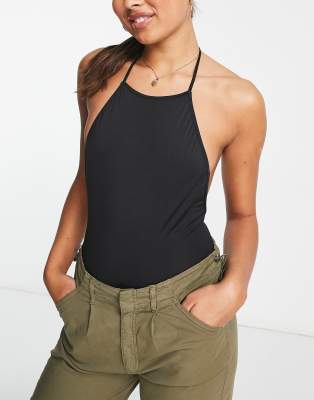 Pull & Bear racer neck backless bodysuit in black