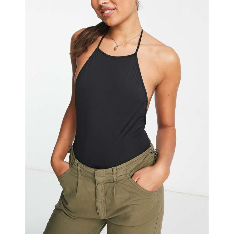 Pull&Bear racer neck backless bodysuit in black