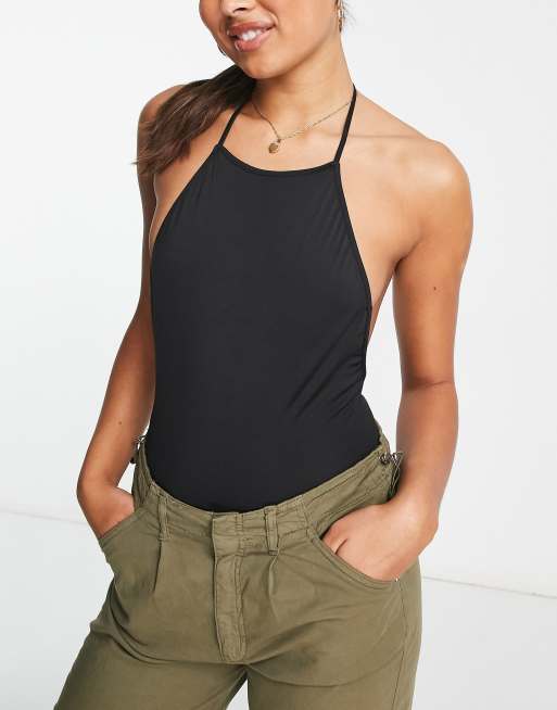 Women's Black Halter Backless Bodysuit