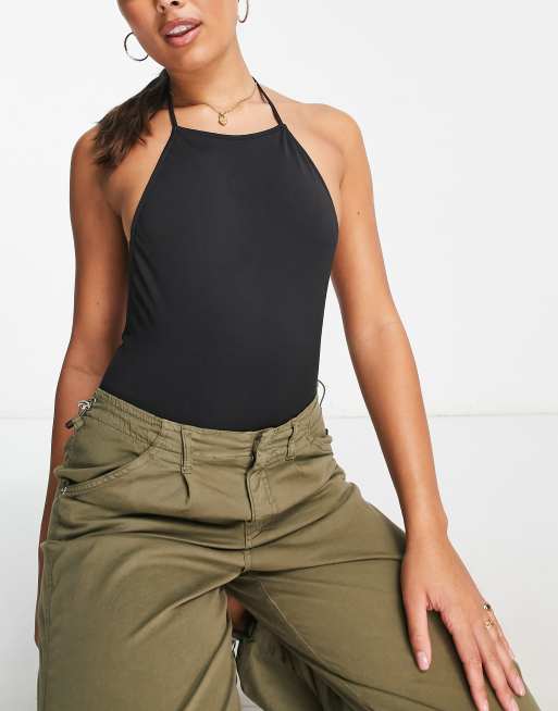 Stradivarius STR seamless ribbed halter bodysuit in khaki