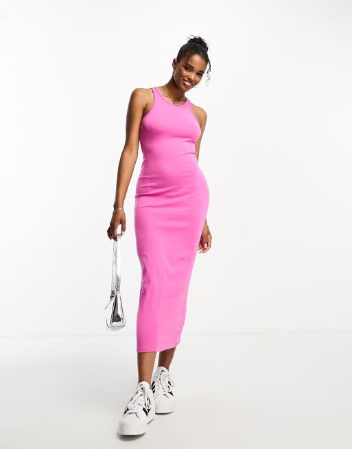 Pull&Bear racer neck midaxi dress in fuchsia pink | ASOS