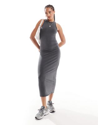 Pull&Bear racer neck midi dress in washed charcoal grey