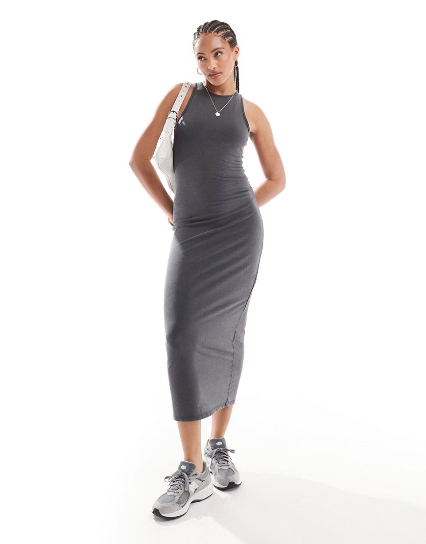 Pull & Bear racer neck midi dress in washed charcoal grey