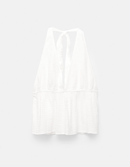 Pull&Bear – Racer-Oberteil in Weiß mit Häkeldesign