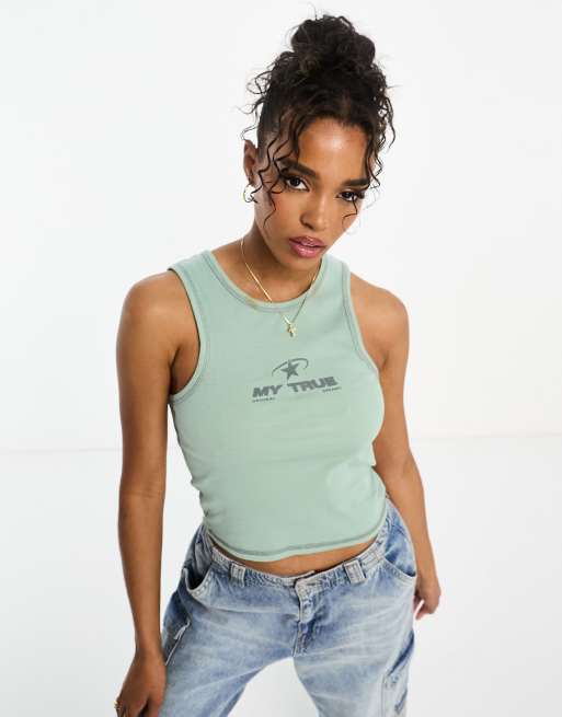 Pull&Bear - Racerhemdje met grafische print in groen met wassing