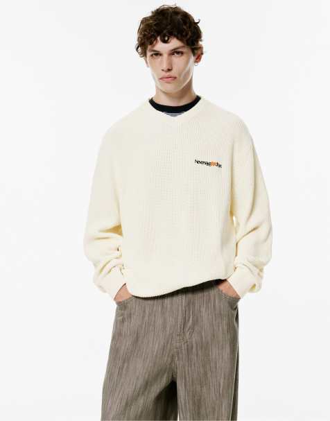 Pull&Bear - Råhvid strikket sweater med broderet slogan - view 1