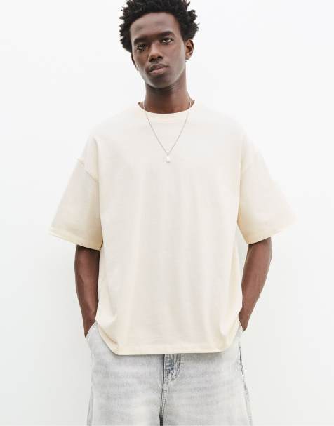 Pull&Bear - Råhvid T-shirt med korte ærmer i firkantet pasform - view 1