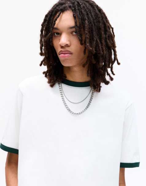 Pull&Bear - Råhvid T-shirt med ribstrikkede kontrastkanter - view 1