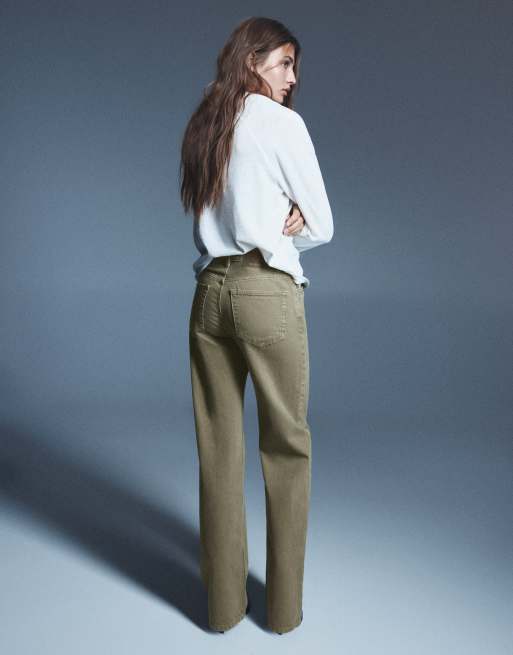 Pull&Bear raka jeans med vida ben i khaki, 2 av 7