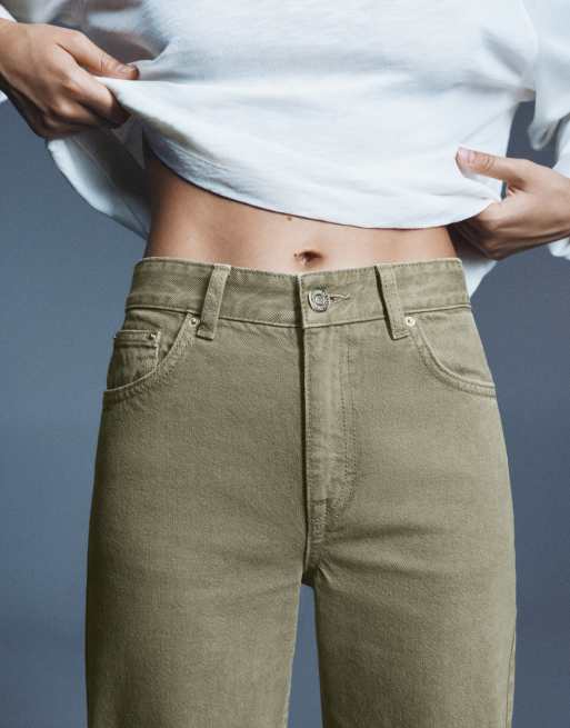 Pull&Bear raka jeans med vida ben i khaki, 3 av 7