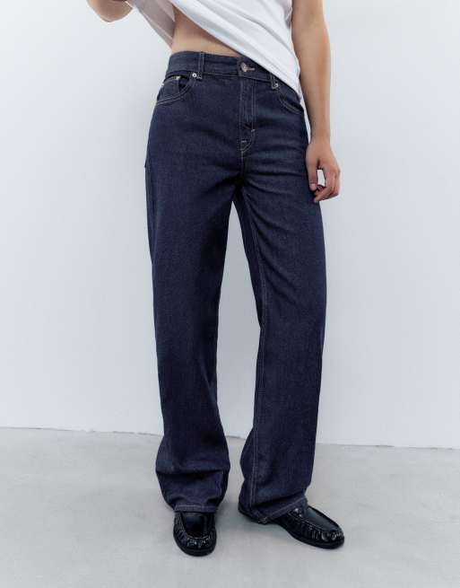 Pull&Bear raka jeans med vida ben i navy, 3 av 6