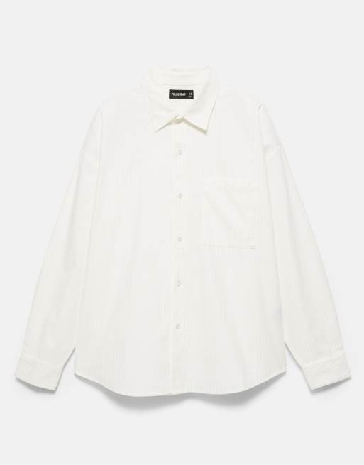 Pull&Bear randig långärmad skjorta i off white, 6 av 7