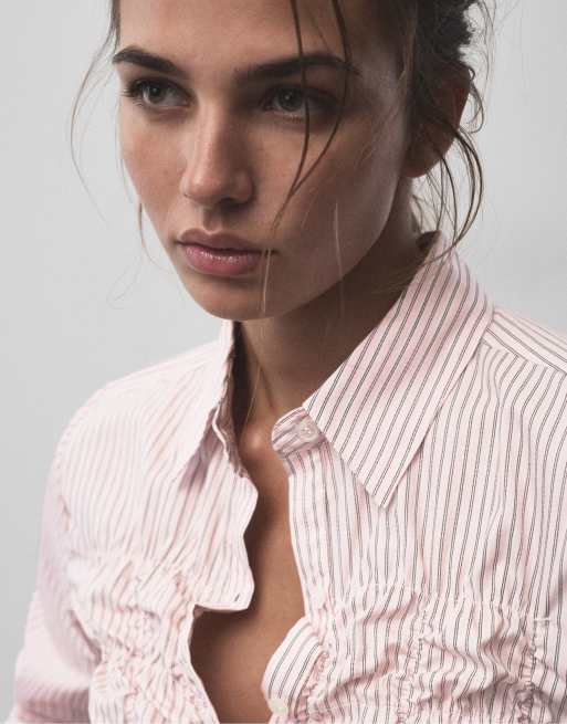 Pull&Bear randig skjorta med rynkning i rosapink, 3 av 6