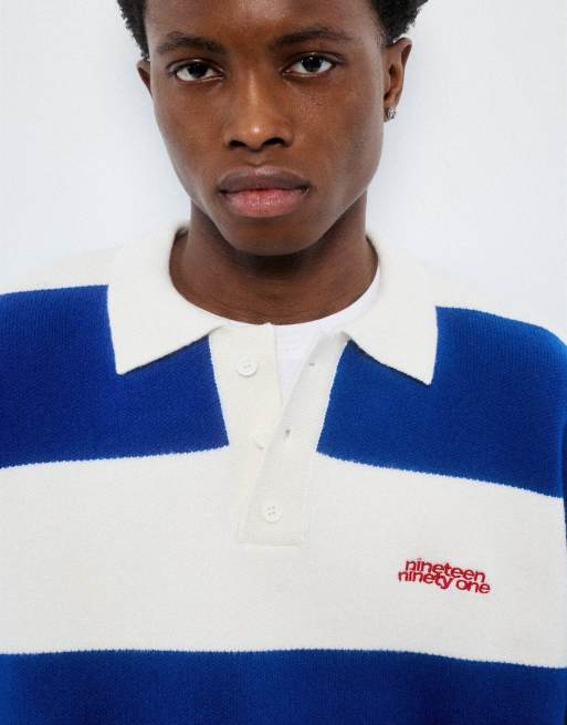 Pull&Bear randig stickad pikétröja med långa ärmar i blå/vit, 4 av 7