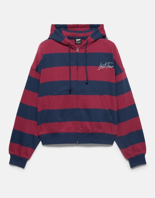 Pull&Bear randig sweatshirt med dragkedja och huva i marinblått, 6 av 6