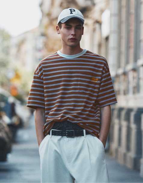 Pull&Bear randig t-shirt med text i brunt - view 1