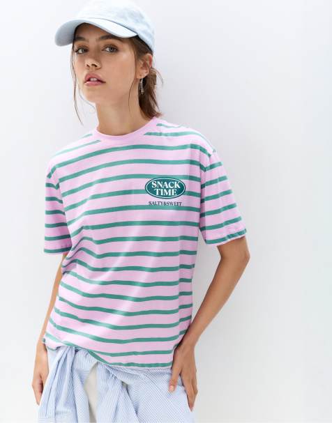 Pull&Bear – Randig t-shirt med tryck - view 1