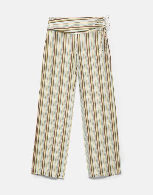 Pull&Bear randiga byxor med knytband i midjan i grönt, 5 av 7