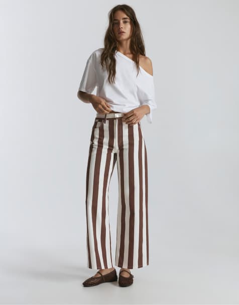 Pull&Bear randiga byxor med raka ben i brunt - view 1