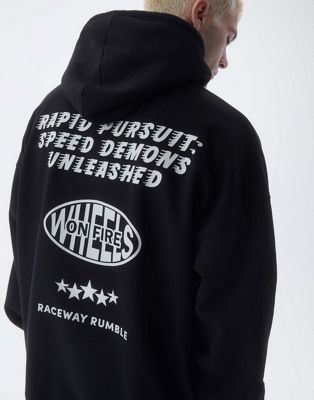 Pull&Bear rapid speed printed hoodie in black