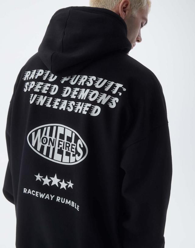 Pull&Bear - rapid speed printed hoodie in black