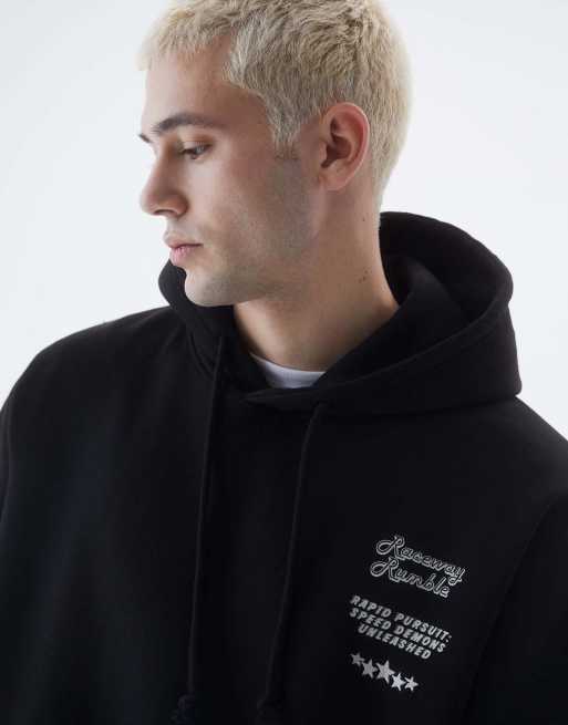 Pull&Bear rapid speed printed hoodie in black