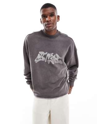 Pull & Bear Raw Edge Front Printed Sweatshirt In Washed Gray