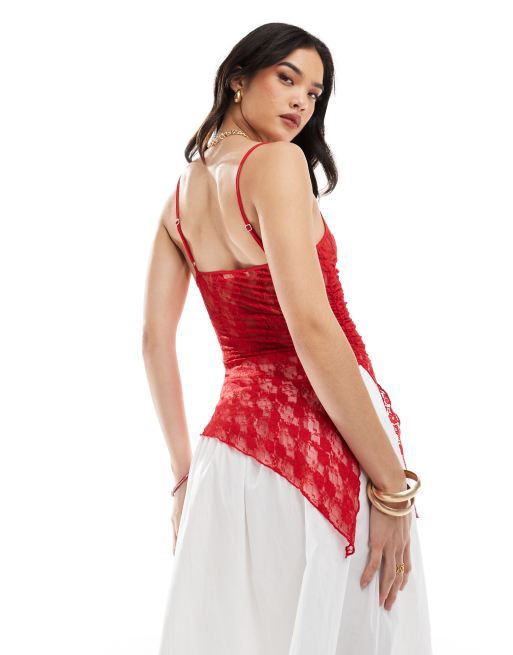 Pull&Bear - Rød cami-top med asymmetrisk kant i blondestof, 4 af 4