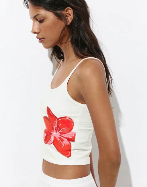 Pull&Bear - Rød overdel med tynde stropper og blomstergrafik, 3 af 4
