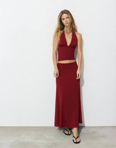 Pull&Bear - Rødbrun flagrende midinederdel - view 1