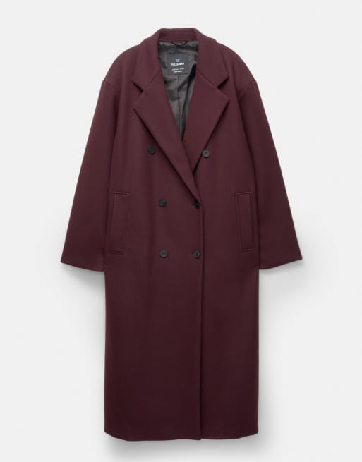 Pull&Bear - Rødbrun lang dobbeltradet frakke