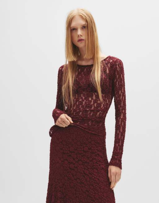 Pull&Bear - Rødbrun overdel med åben ryg i blondestof