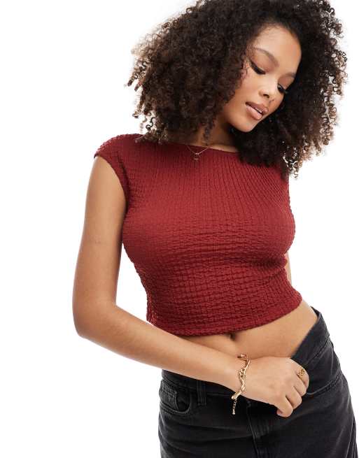 Pull&Bear – Rdzawoczerwony top o waflowej strukturze