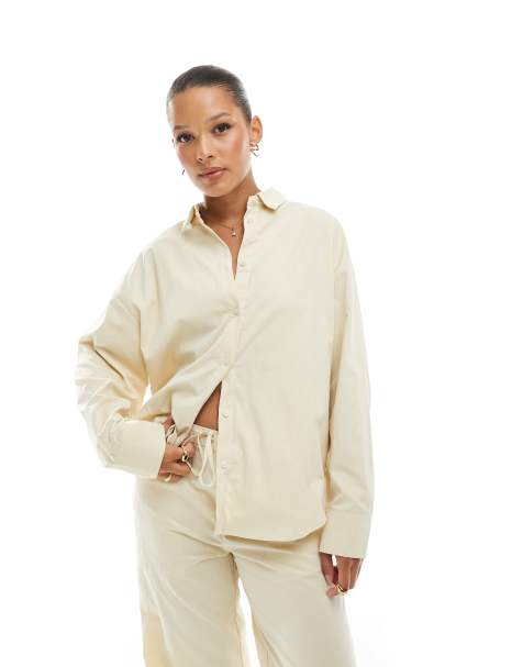 Pull&Bear - Recht overhemd in crème, deel van co-ord set - view 1