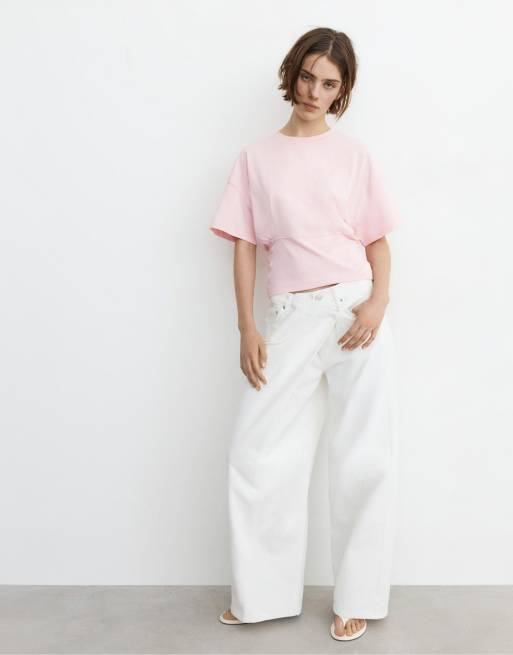 Pull&Bear - Recht T-shirt met paneel in roze, 2 van 4
